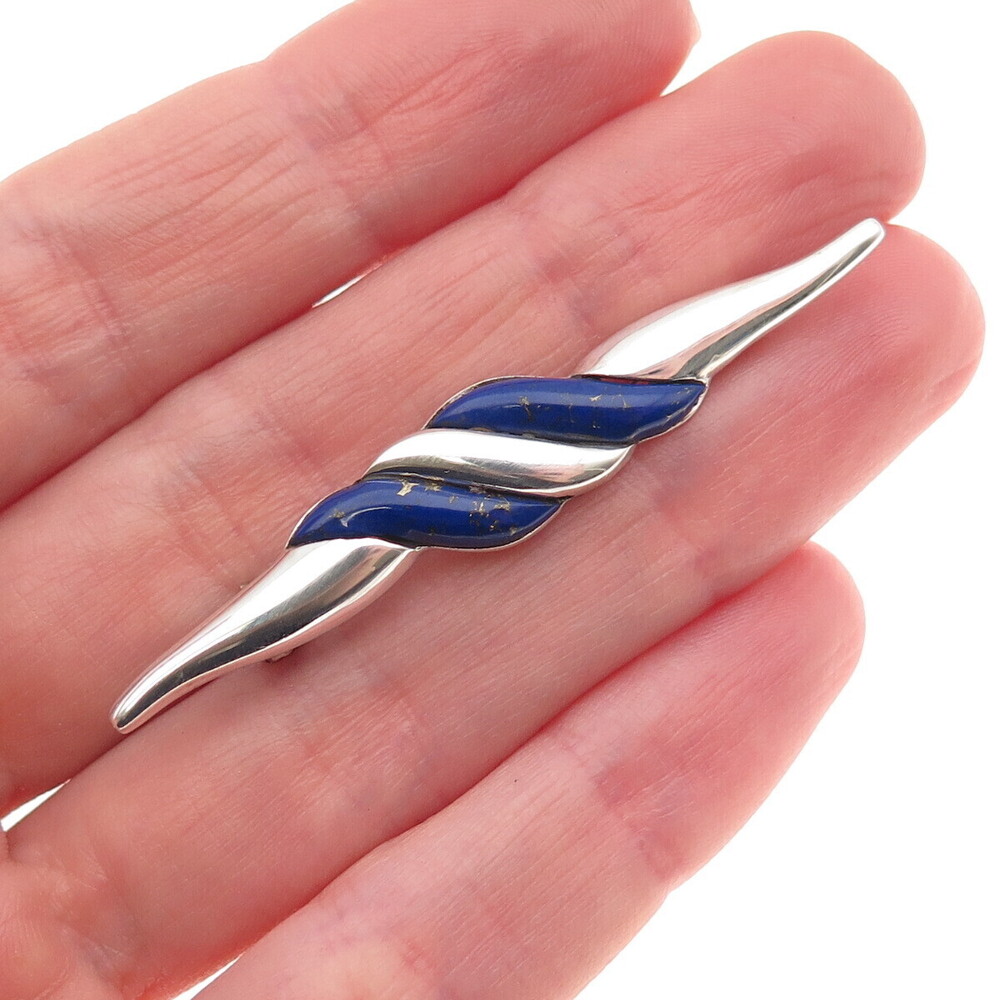 925 Sterling Silver Vintage Real Lapis Modernist Twisted Pin Brooch
